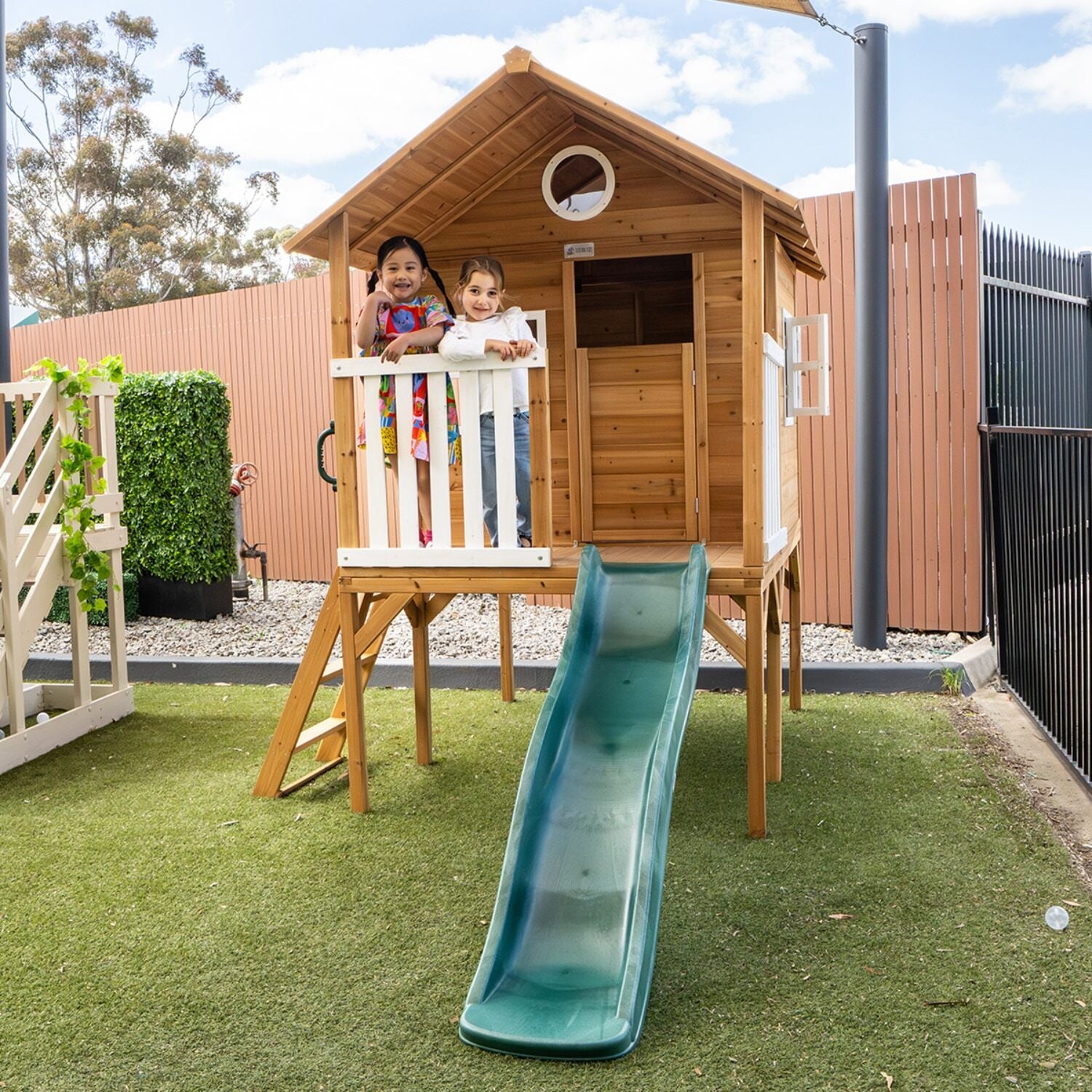 Archie Elevated Cubby House with Green Slide