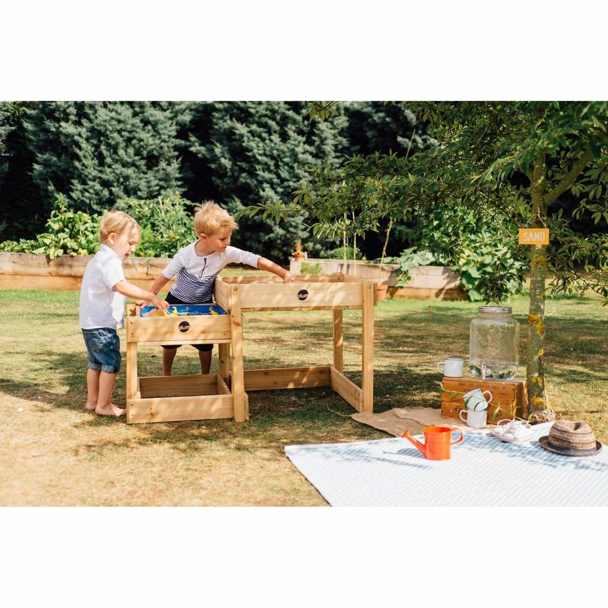 Plum® Sandy Bay Wooden Sand and Water Tables -Outdoor Hideaway
